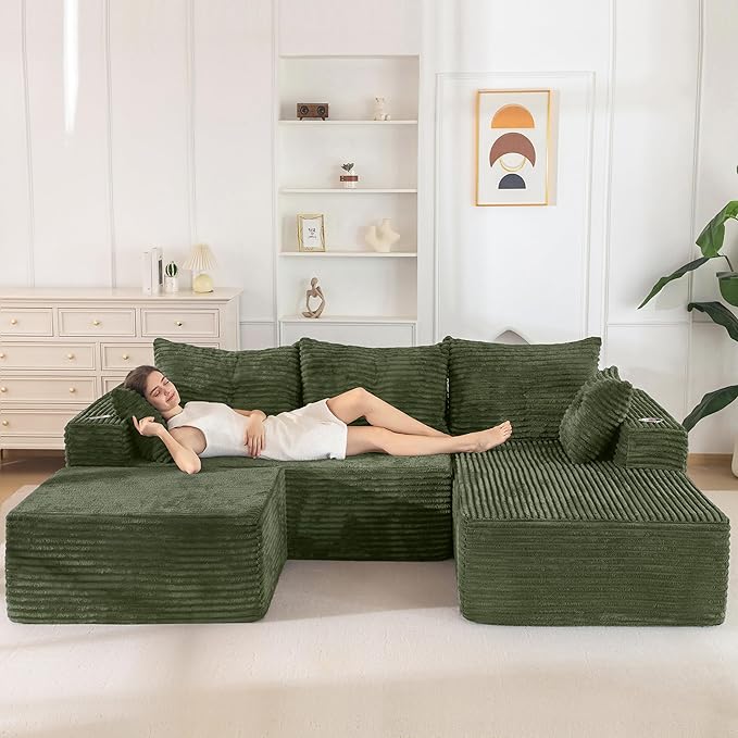 MAXYOYO 104" U-Shaped Modular Sectional Couch, Modern Boneless Couch for Living Room, Sofa in A Box, Oversized Sofa Sleeper with Deep Seat, No Assembly Required, Green
