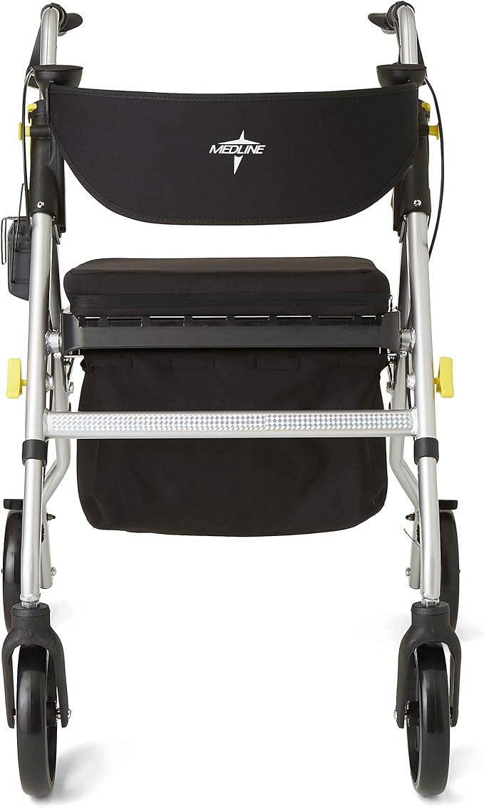 Medline Premium Empower Rollator Walker with Seat, Folding Rolling Walker with 8-inch Wheels, Silver