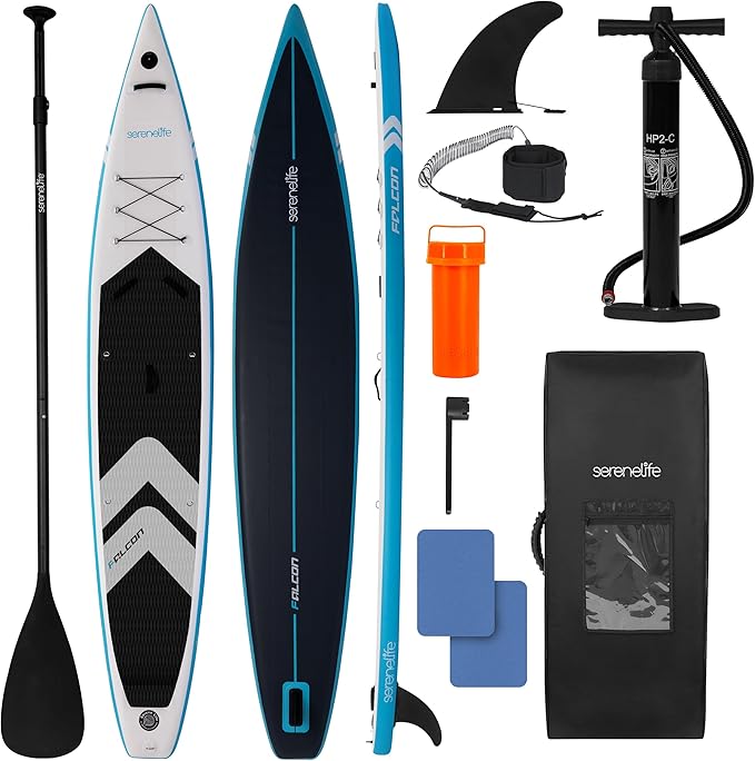 SereneLife 14’ Inflatable Stand Up Paddle Board for Racing – 28” Narrow Design for Expert Paddlers with Non-Slip EVA Deck ...