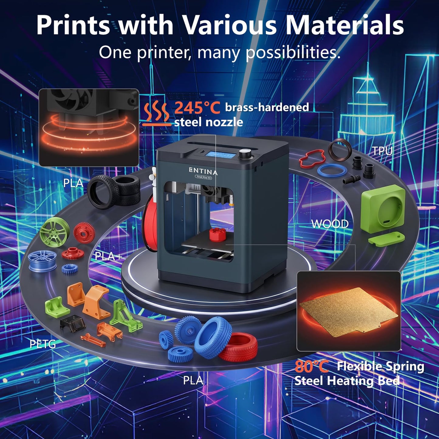 ENTINA TINA2PLUS 3D Printer,250 mm/s Fast Printing,Fully Assembled,Auto Leveling,245℃ Quick-Detach Nozzle,Dual-Sided PEI Coating Plate,Mini 3D Printer with Wi-Fi & App Control-from Beginners to Makers