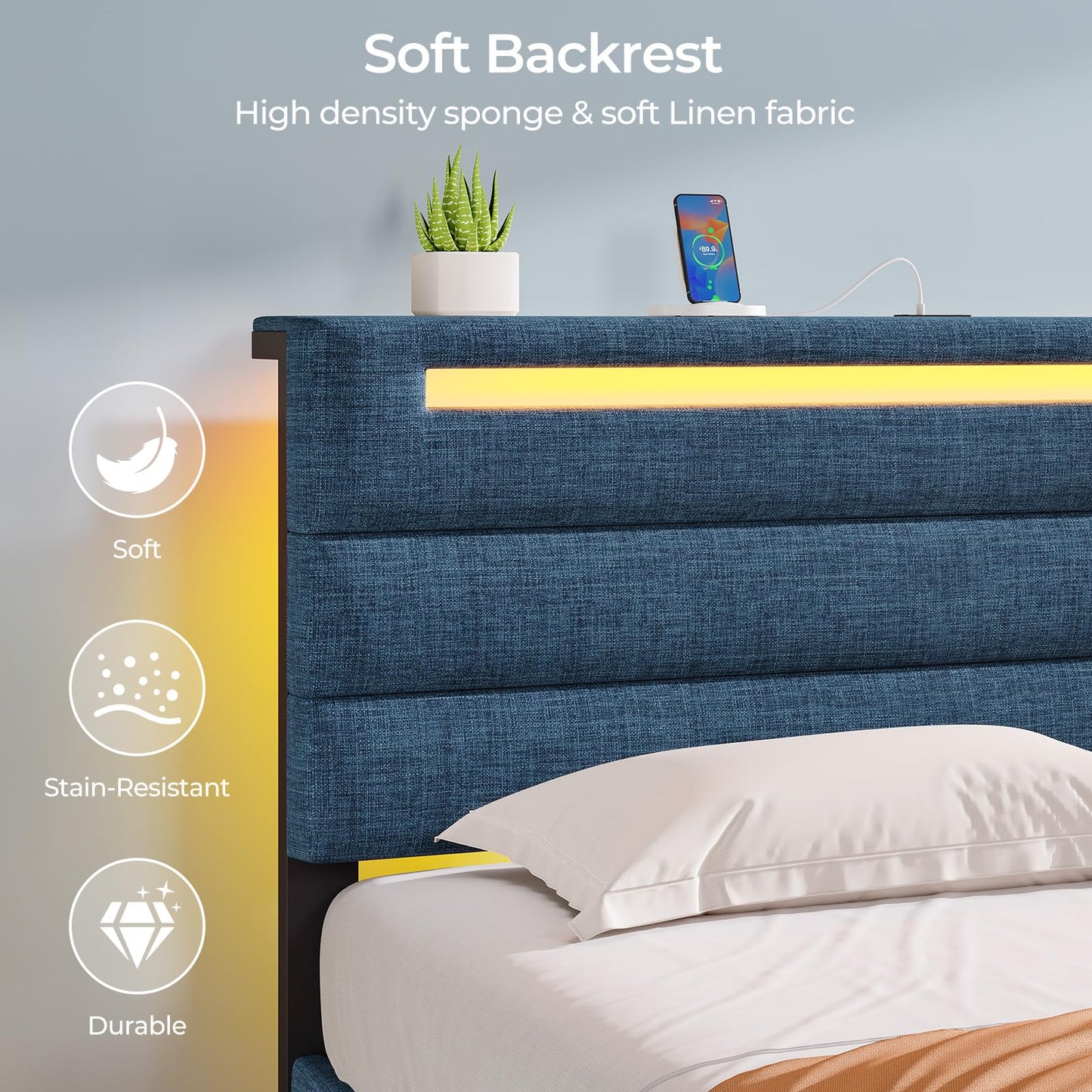 Rolanstar Twin Size Bed Frame, Storage Headboard with Charging Station and LED Lights, Upholstered Bed with Heavy Duty Wood Slats, No Box Spring Needed, Noise Free, Easy Assembly, Blue