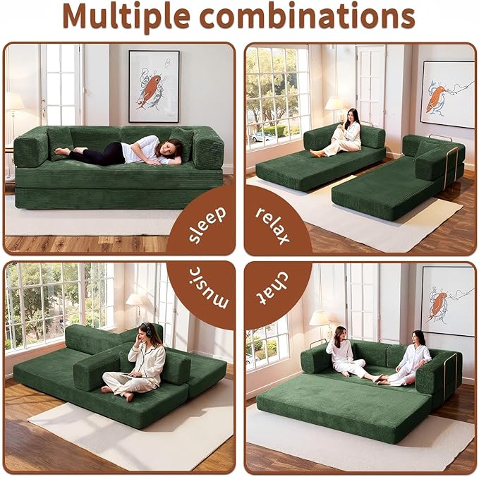 Kelyda 79 Inch Convertible Sofa Bed Couch in Box, 5 in 1 Folding Modular Boneless Couch with Pull Out Bed 2 Pillows, Soft Corduroy Floor Futon Lounge Loveseat Sleeper Lazy Cama No Assembly Green