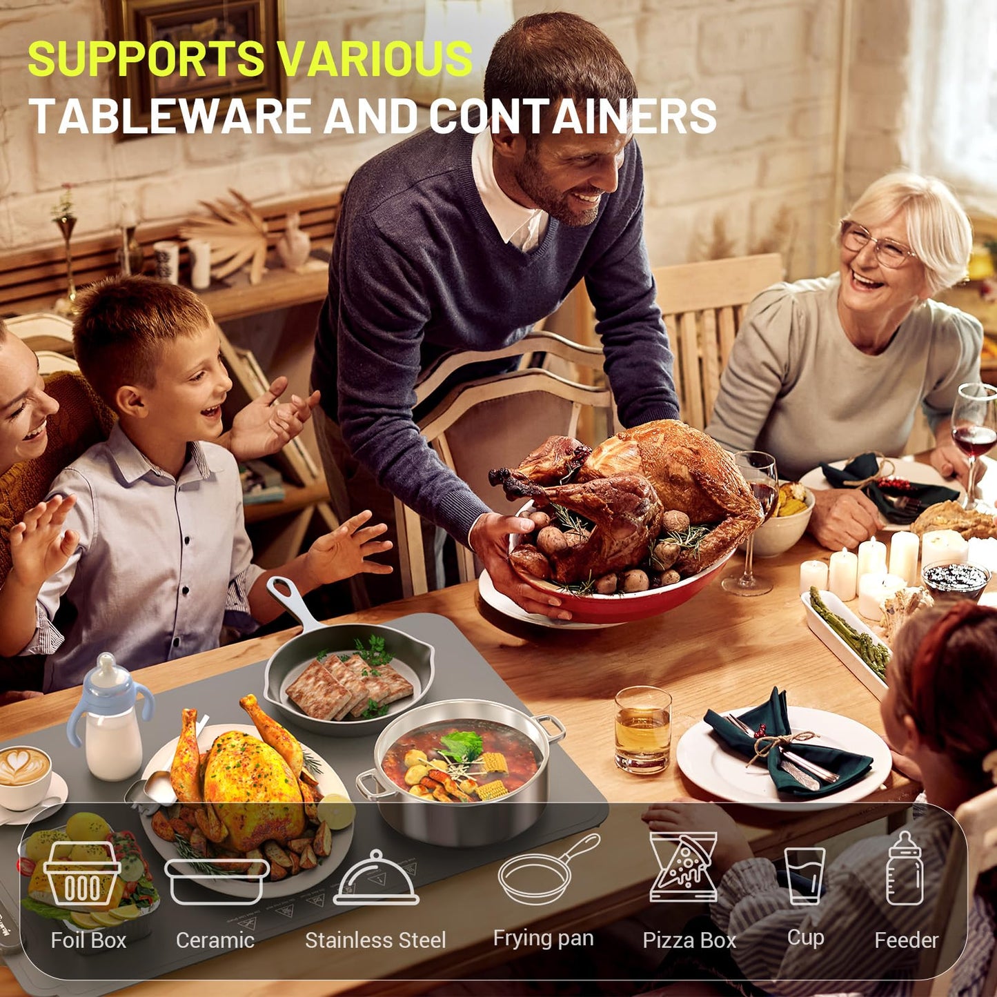 Food Warming Mat, Fast Heating Electric Warming Tray with 6 Level Temperature and 4 Hours Auto-Off, Nano Silicone Material, Full-Surface Heat, Food warmer mat for Buffet, Home Party, Dinner