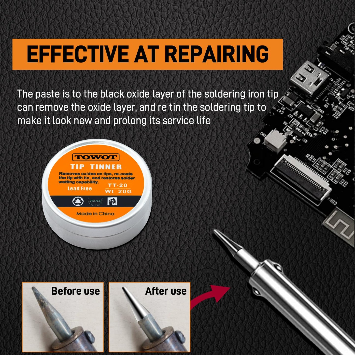 TOWOT Tip Tinner For Electronics Soldering, Iron Tip and Re-Tinning Solution, Removes Oxidation, 20g