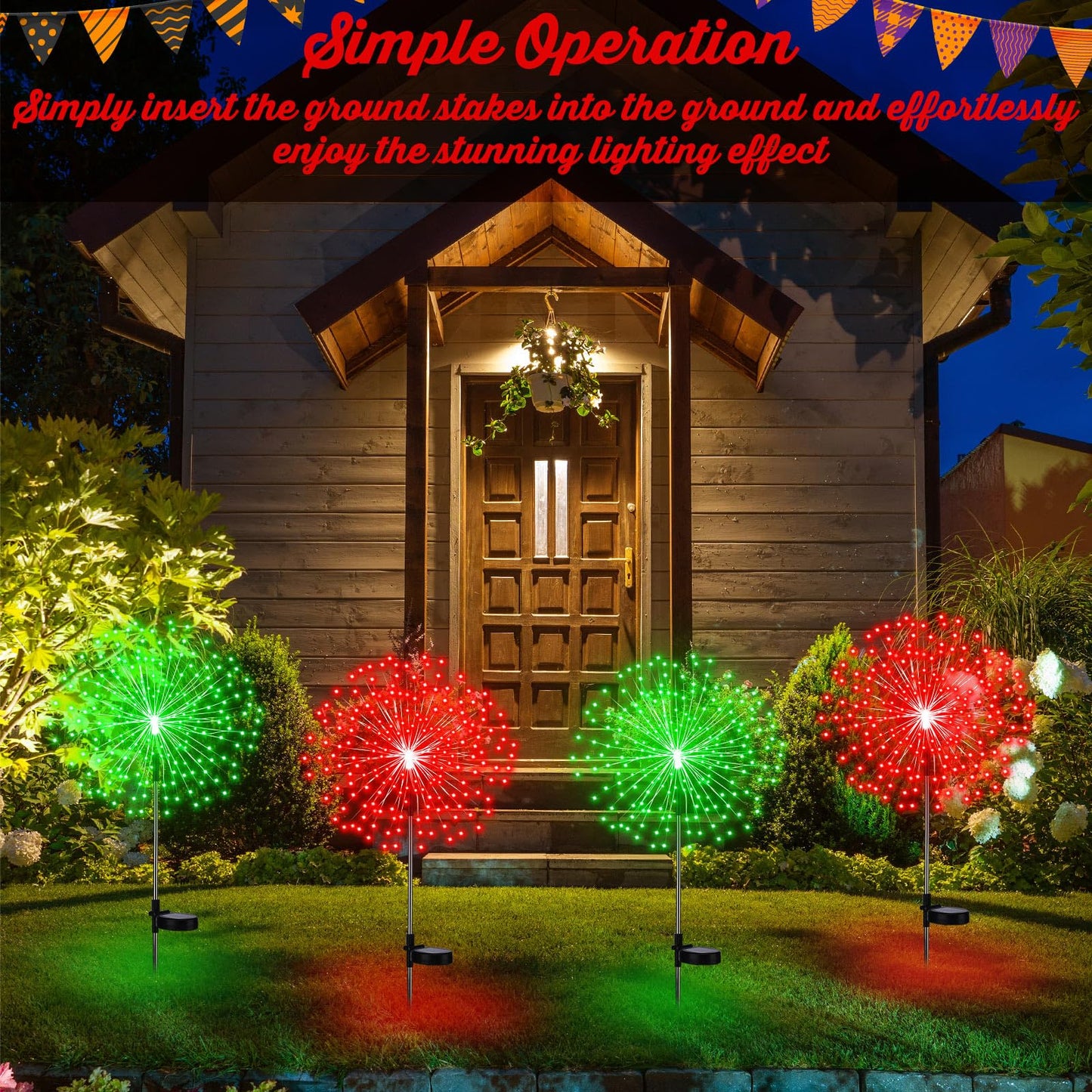 Tujoe 4 Pack Valentine's Day Solar Firework Lights Decorations Garden Pathway Solar Power Light Stake Waterproof with 180 LED 8 Modes for Valentine's Day Mardi Gras Decoration(Red Green)