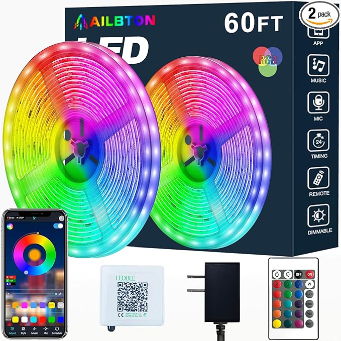 AILBTON Led Strip Lights,60ft Music Sync Color Changing, Built-in Mic,Bluetooth App Control LED Tape Lights with Remote,50...