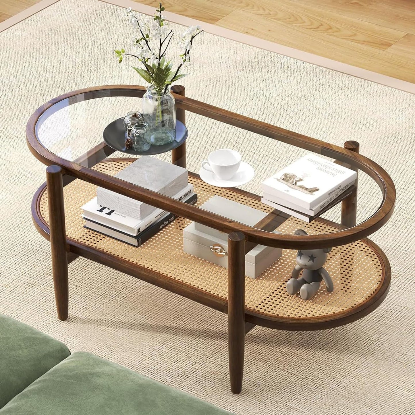 NAFORT 2-Tier Glass Coffee Table, 40" Oval Center Table with Tempered Glass Top, PE Wicker Storage Shelf, Farmhouse Modern Boho Tea Table for Living Room, Office, or Balcony (Bohemian, Brown)