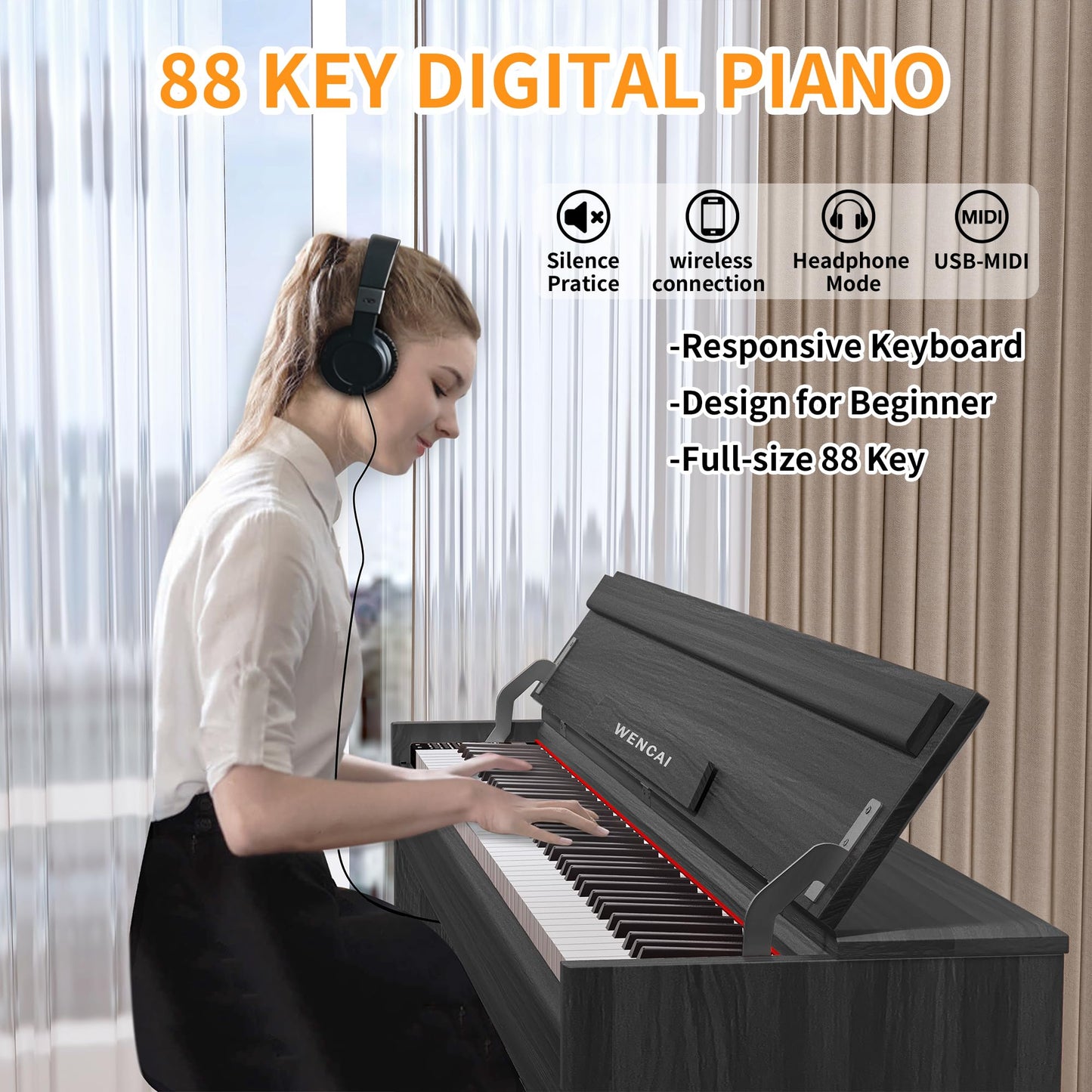 WENCAI 88 Key Electric Piano Velocity-Sensitive Keyboard, 88 Keys Home Upright Digital Pianos, Wooden Electronic Piano for Beginner Adult with 3 Pedals, Supports USB-MIDI Connect, Black