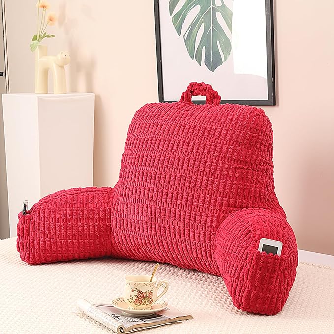 PAJEO Reading Pillow for Sitting in Bed, Large Backrest Reading Pillow with Arm Rest,Back-Rest Support Cushion for Sit Up on Couch, Sofa, and Floor, Dorm Essentials (Red Corduroy, Large(19"))
