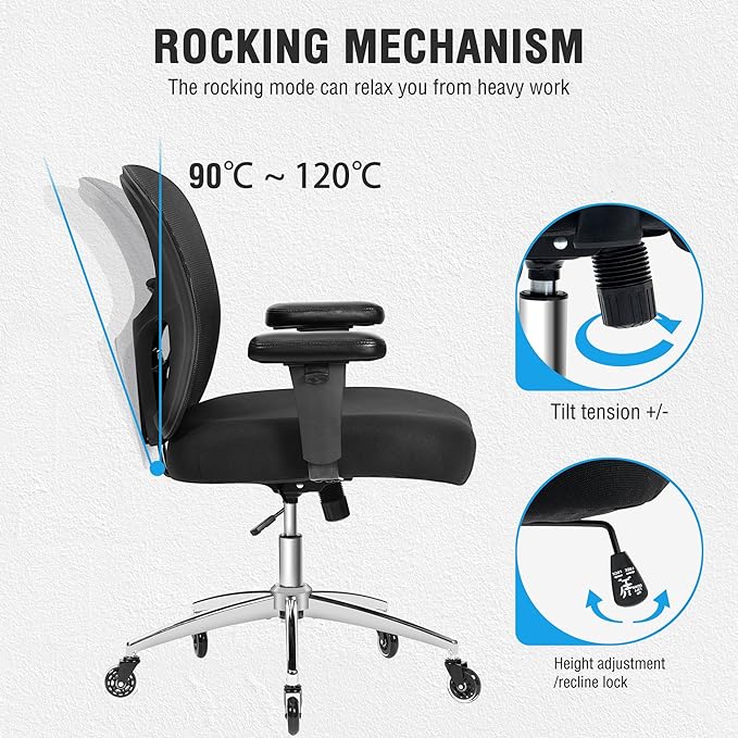 Big and Tall Office Chair 600lbs, Heavy Duty Ergonomic Mesh Chair, Computer Executive Desk Chair with Wide Thick Seat, Adjustable Armrests, Lumbar Support