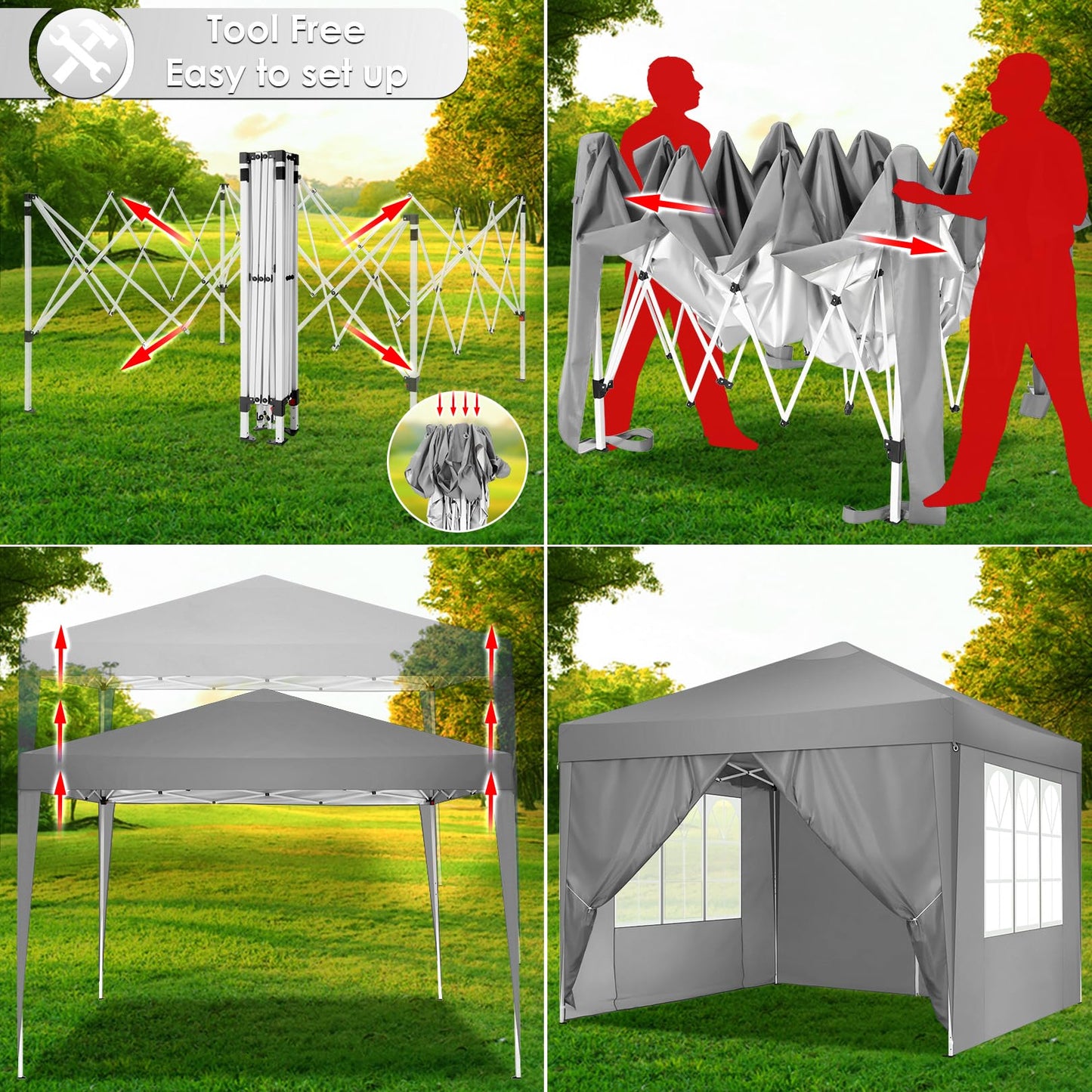 COBIZI Canopy 10x10 Pop Up Canopy Tent with 4 Sidewalls Party Tents for Parties Weddings Backyard Waterproof Canopy Outdoor Commercial Canopy Event Tent with Stakes, Ropes, Grey