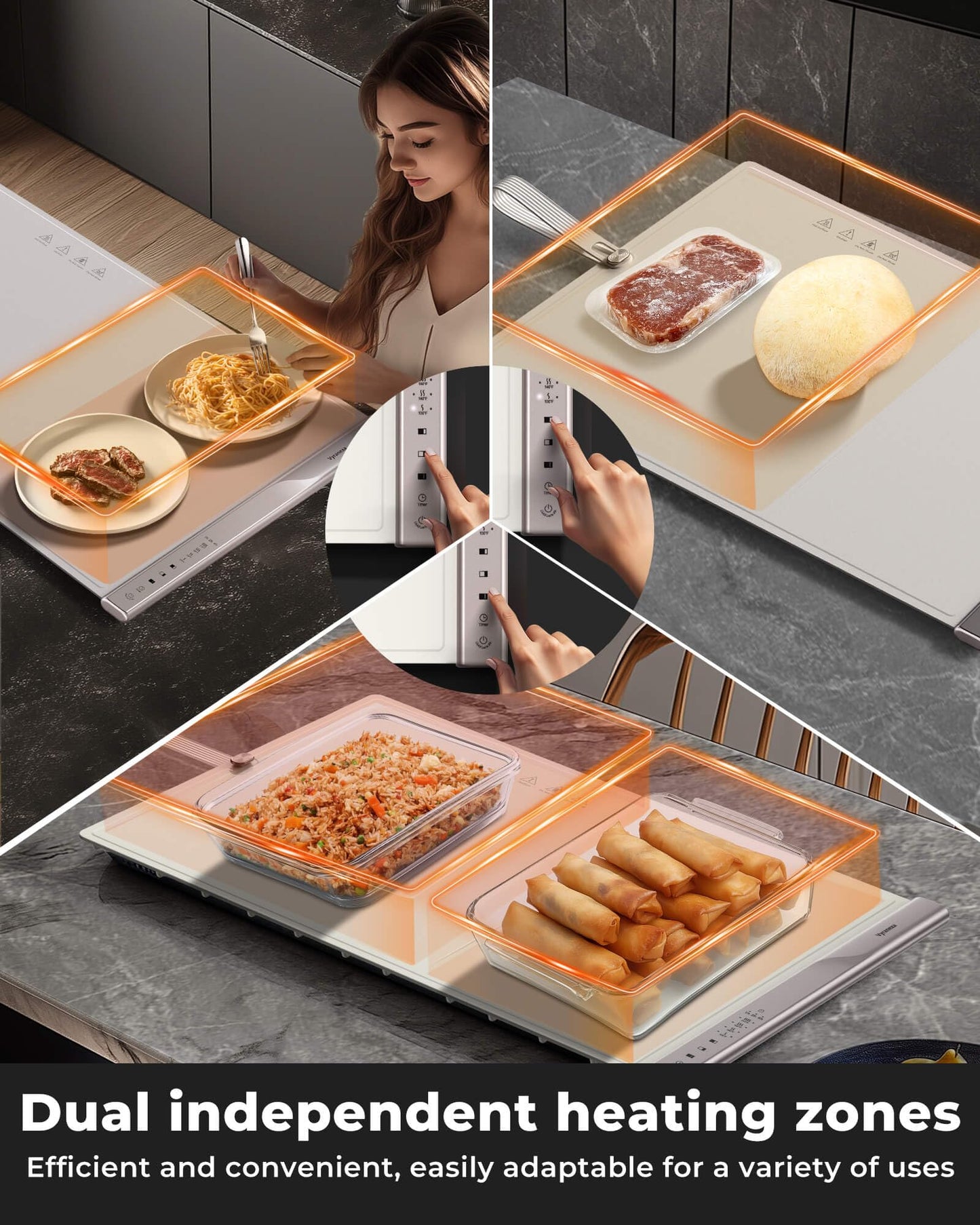 Food Warming Mat for Food - Dual Independent Heating Zones, 4 Temp Settings, Easy-to-Clean Silicone, Auto Shut-Off, Timer, and Child Lock, Portable for Buffet, Home Party, and Travel (Beige, Large)