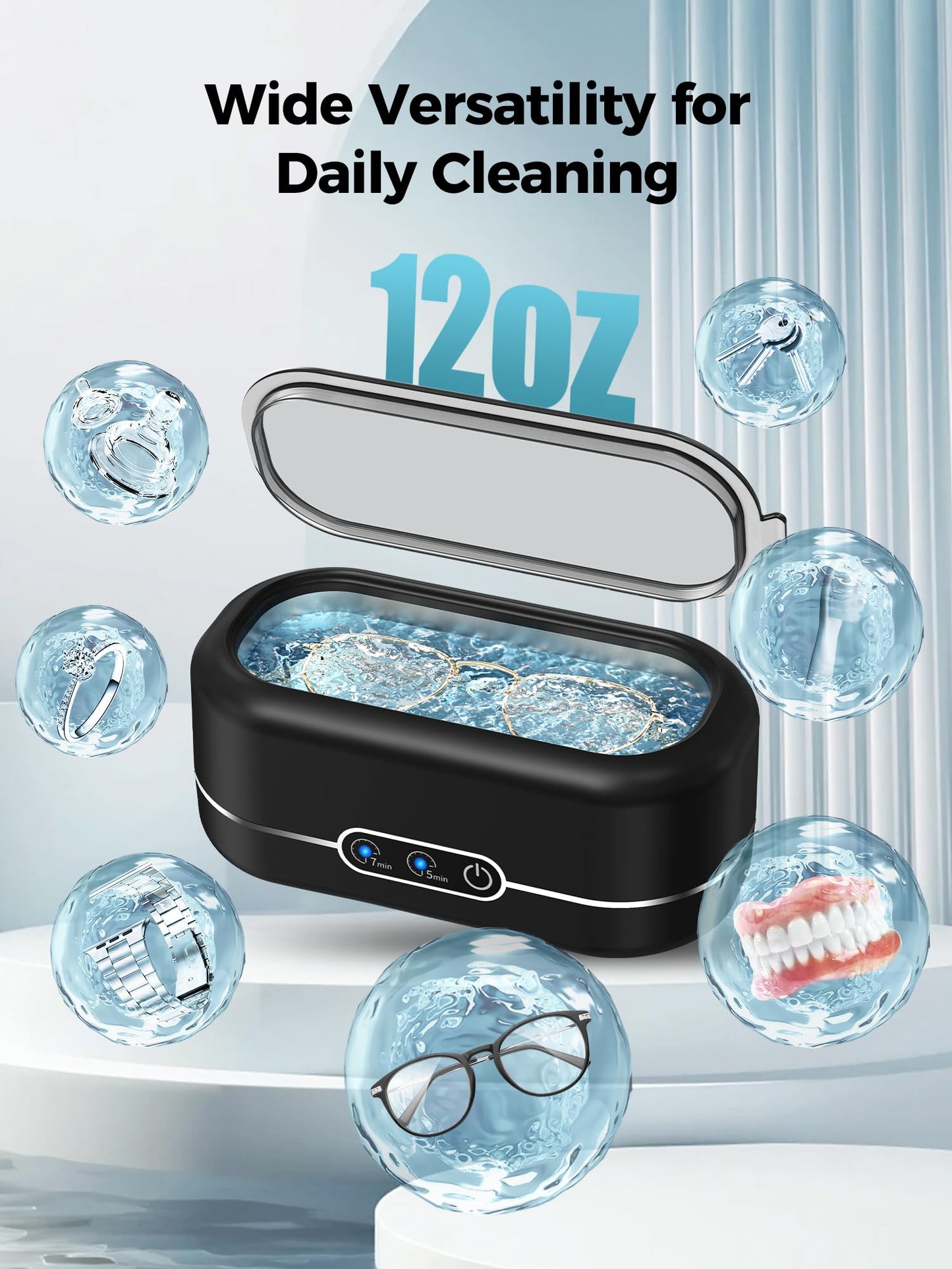 Miorcols Ultrasonic Jewelry Cleaner, 48KHz Jewelry Ultrasonic Cleaner Machine for All Jewelry, Glasses, Rings, Retainers, Watch Strap, Dentures, 304 Stainless Steel 12oz Cleaning Pod - Black