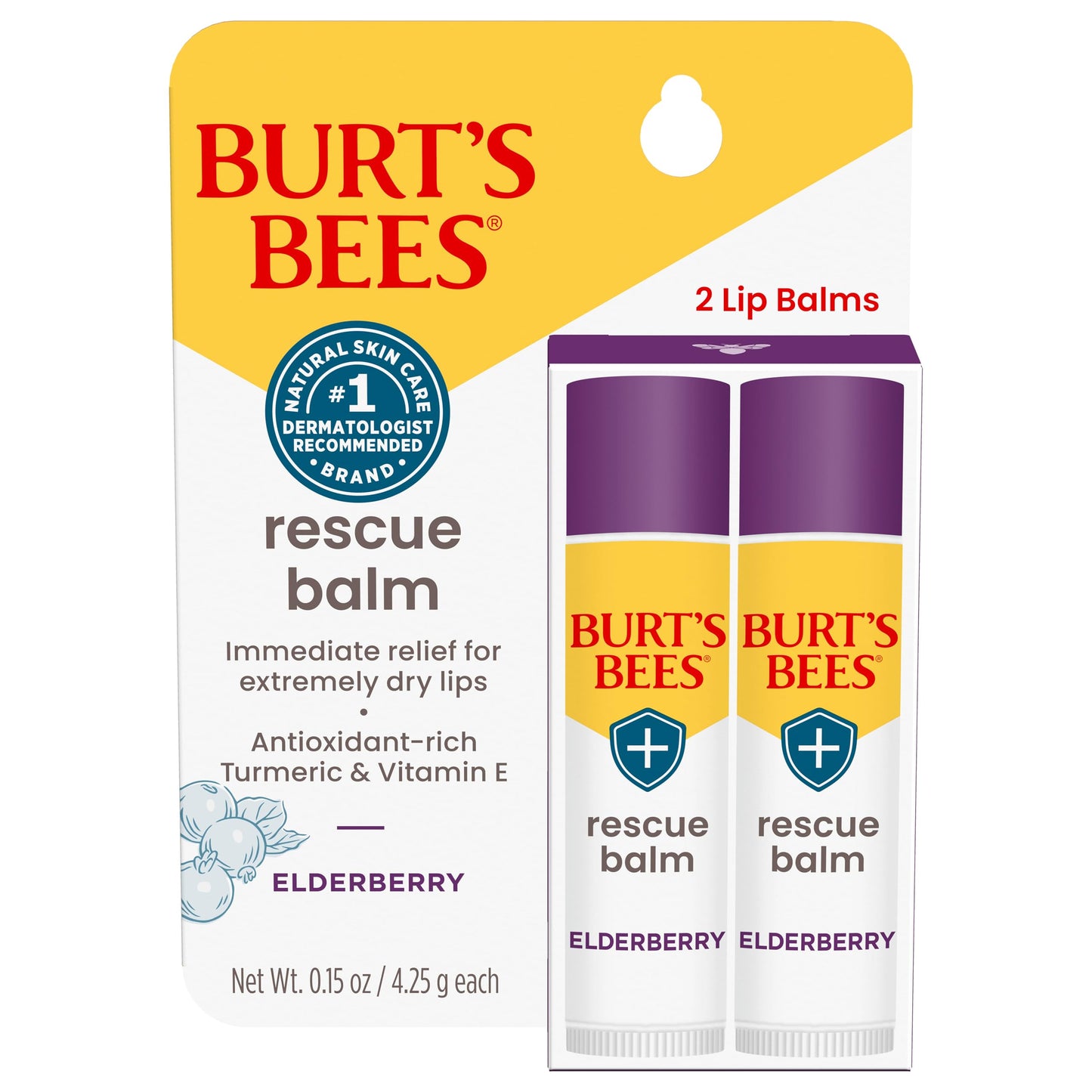 Burt's Bees Rescue Balm Elderberry Lip Balm, With Antioxidant-Rich Elderberry, Tint-Free, Natural Origin Lip Care, 2 Tubes, 0.15