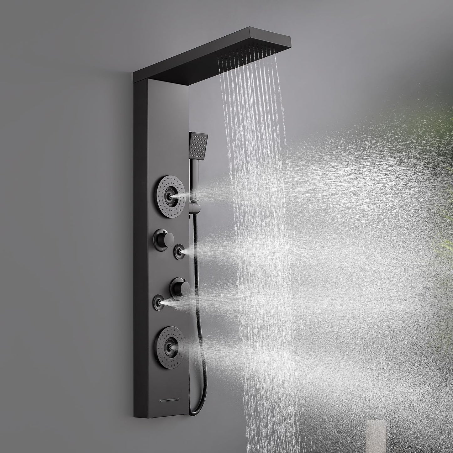 ROVATE Shower Panel Tower System with Rainfall Shower, Elegant Matte Black Shower Tower with Powerful Body Massage Jets, Handheld and Tub Spout, Stainless Steel Shower Column High Pressure