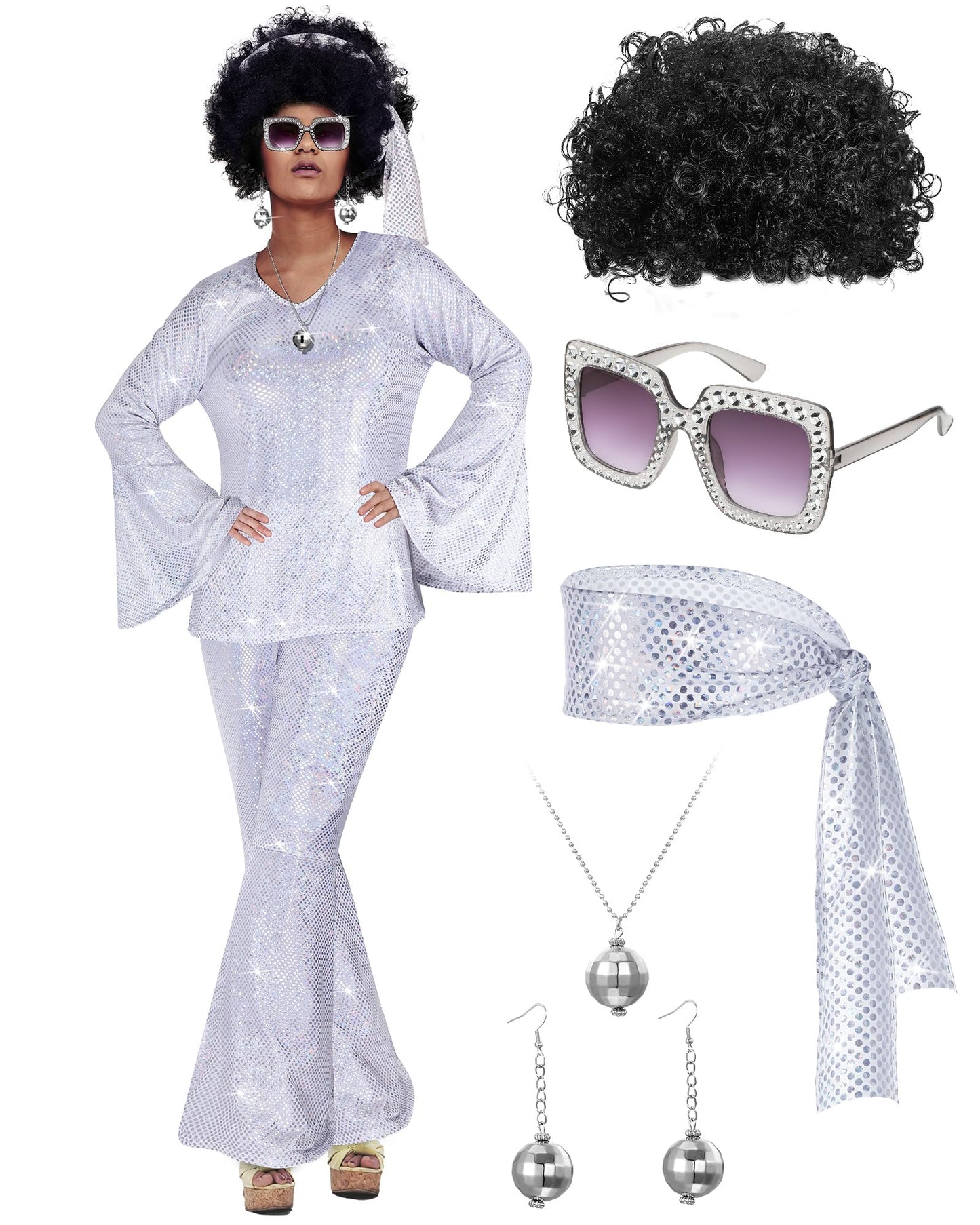 Halloween 70s Women Disco Outfit Costume Set Disco Party Top Pants Sunglasses Ball Necklace Earring Wig(White,Medium)