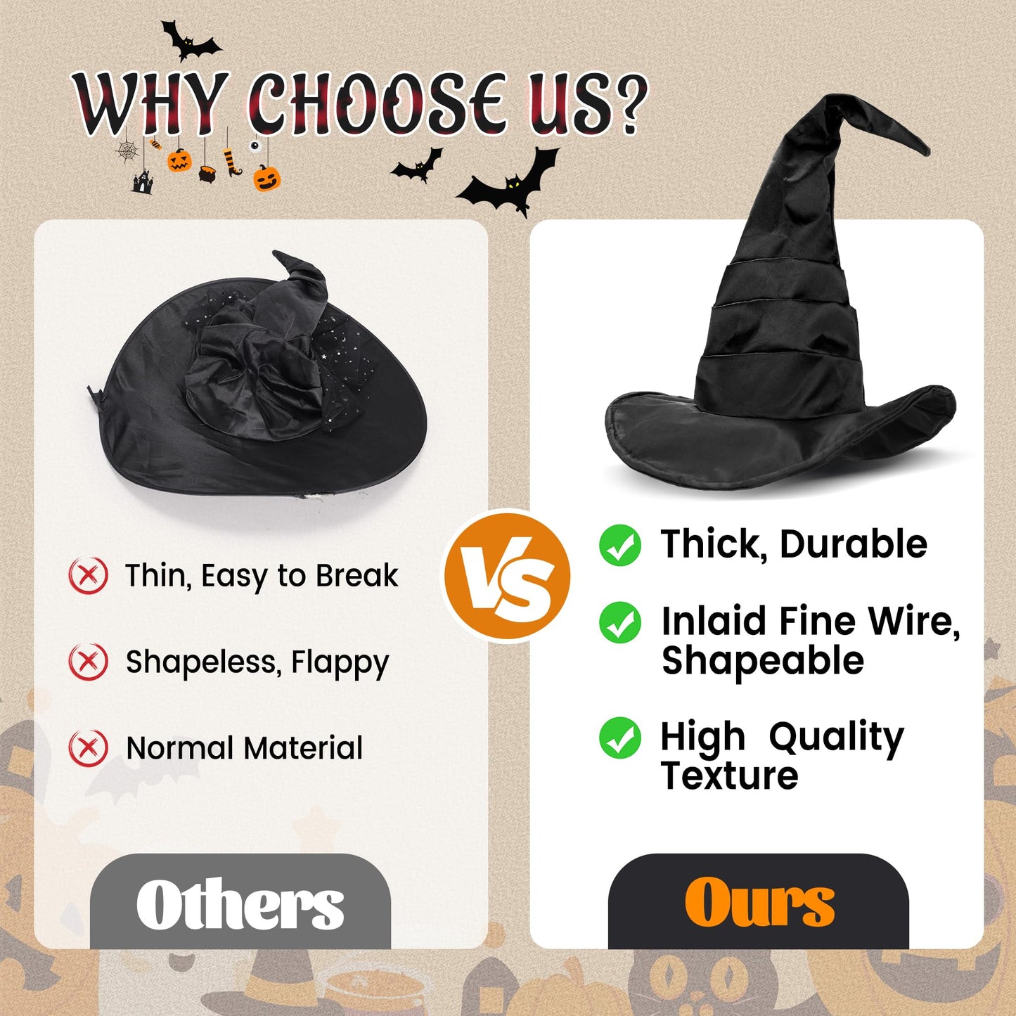 Ibeauti Women Halloween Witch Hat Long Ruched Black Witch Costume Hat Accessory (Black)