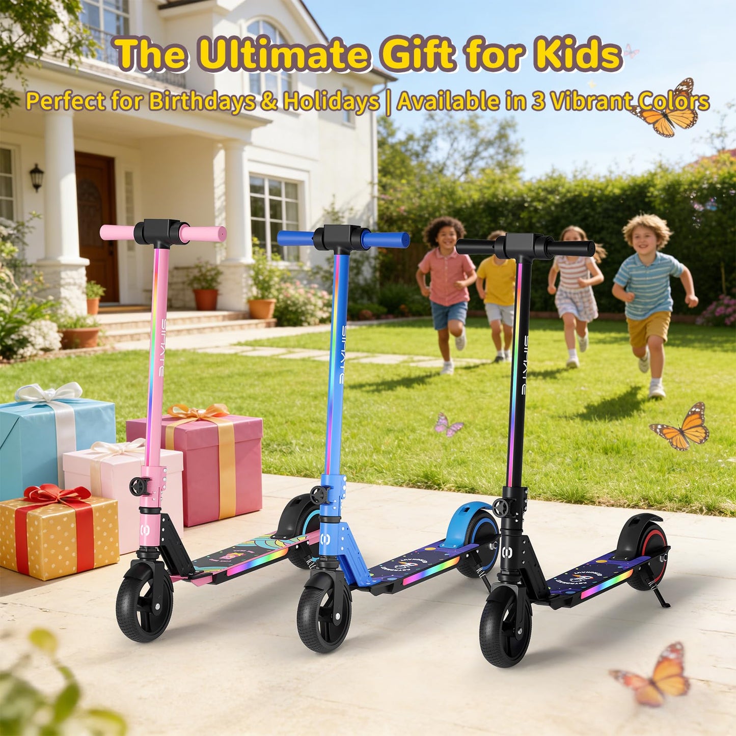SIMATE Electric Scooter for Kids, Motorized E-Scooters with Colorful Front Light and Pedal Lights, LED Display & Foldable, Dual Braking System, Top 8.7mph & 5 Miles, Gifts for Kids, Girls, Boys, Teens