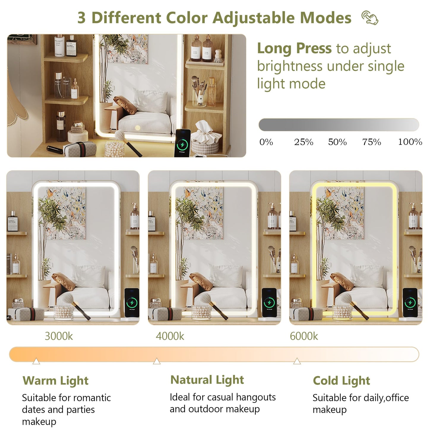 Small Vanity Desk with Mirror and Lights, Makeup Vanity with LED Lighted Mirror, Fluted Vanity with Lights Desk and Chair, 3 Lighting Adjustable Dressing Table with Charging Station for Women,Girls