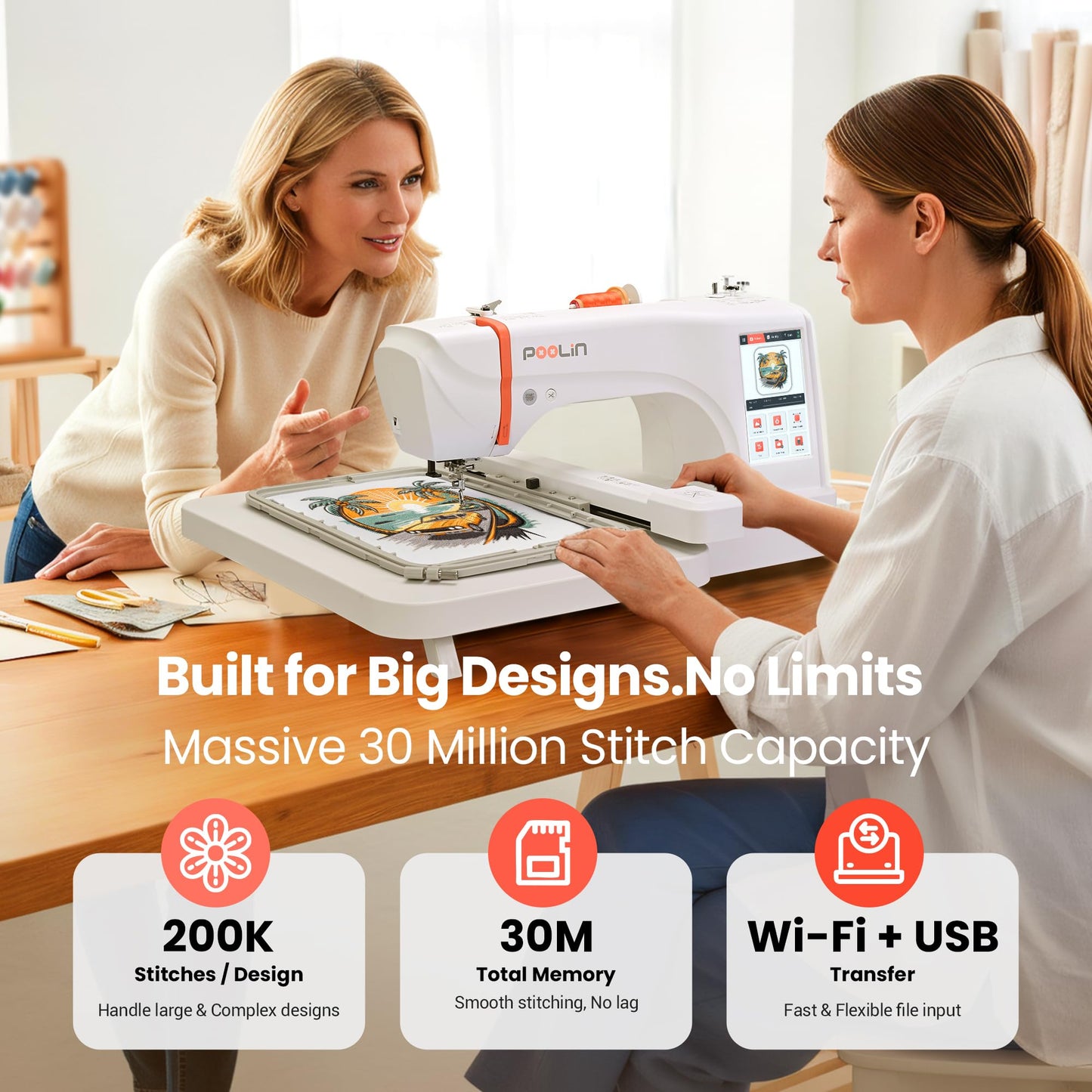 Poolin EOC07 Embroidery Machine, 7.9" x 15" Large Embroidery Area, 7" Touchscreen Institch OS3, Embroidery Starter Supplies Included, Wi-Fi Design Transfer Digital Software for Custom Projects