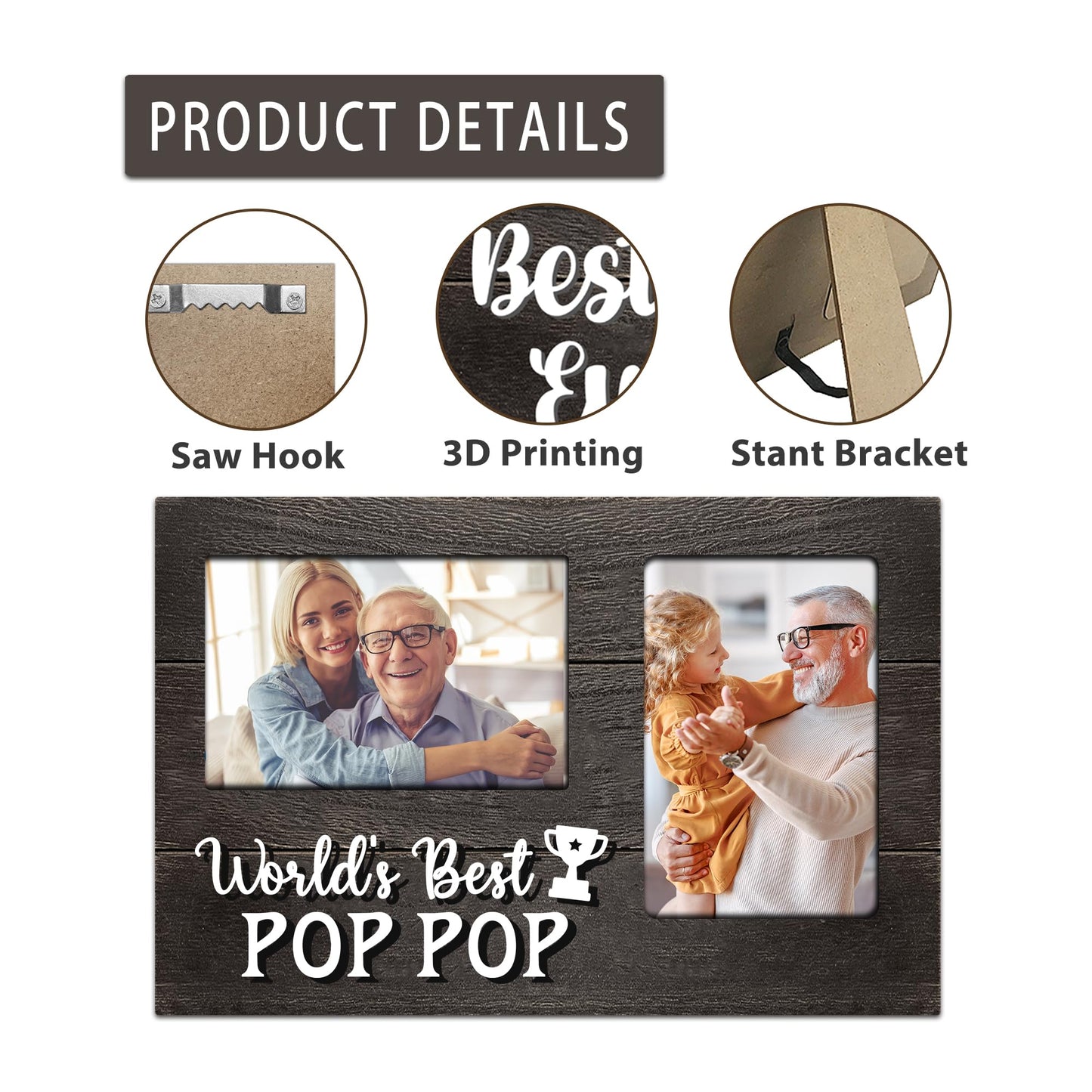 Fahters Day Pop Pop Gifts, Poppop Gifts from Grandson 3D Photo Frame Hold 4x6 Inches Two Photos, World's Best Pop Gift Gag Birthday Gift for Him from Granddaughter on Father's Day Grandparents Day
