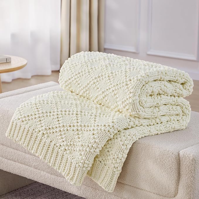 Knitted Weighted Blanket for Adult, Chunky Knit Weighted Throw for Sleep 36"*48" 5lbs, Cooling Breathable Heavy Blanket for Hot Sleepers, Machine Washable Blanket for Room Decor(Ivory White)