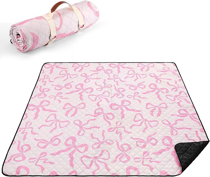 SmoothNovelty Pink Bow Picnic Blanket 80'' x 80'' Waterproof Extra Large Camping Blanket Coquette Picnic Mat Foldable Port...