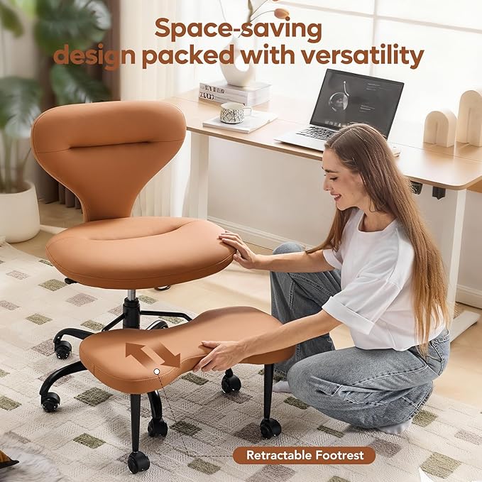 YFO Ergonomic Cross Legged Office Chair and ADHD Meditation Chair with Silent Wheels for Home Office Desk Chair and Yoga, Wider Backrest Support and Storage Pockets Design, PU Leather, Orange
