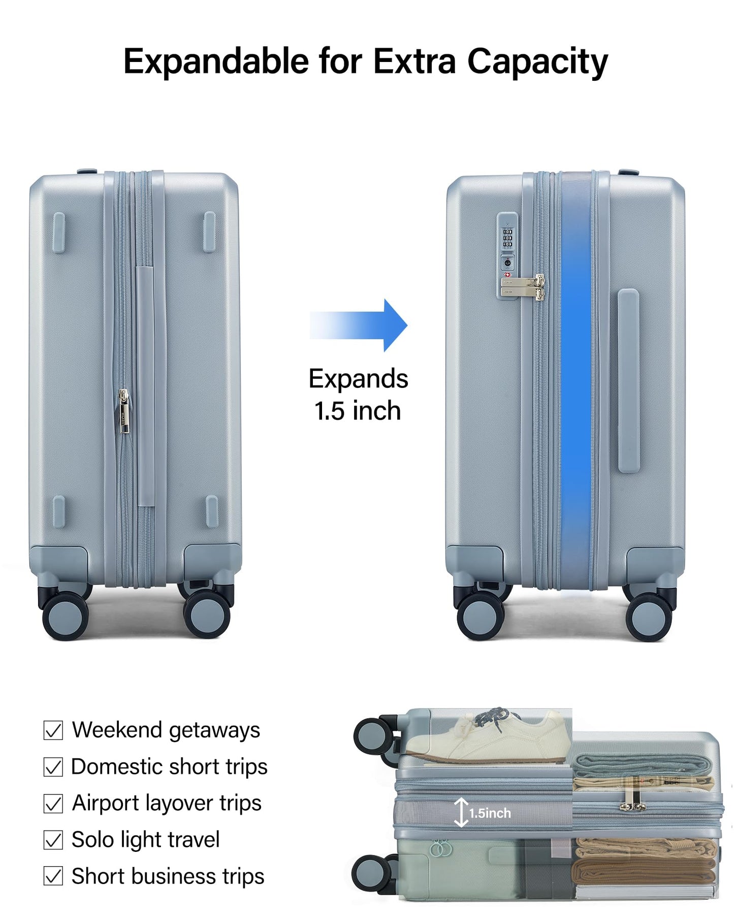 MILADA 20 Inch Expandable Carry On Luggage, Airline Approved Hard Shell Carry On Suitcase with Dual 360° Spinner Wheels & TSA Lock, Lightweight PC Rolling Suitcase for Travel, Arctic Silver