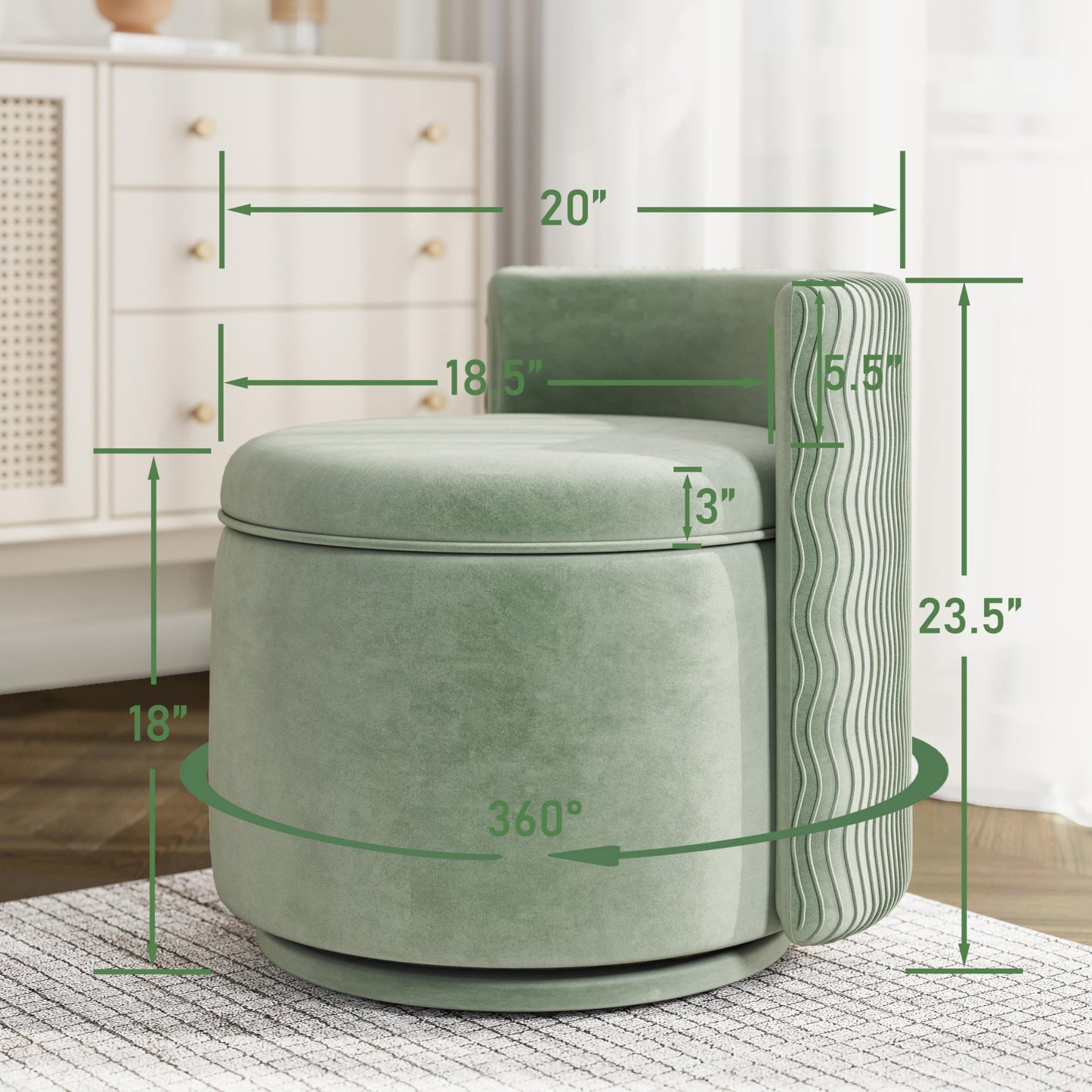 allamazing 360° Swivel Accent Chair with Storage, Vanity Stool with Back, Velvet Storage Ottoman, Upholstered Round Barrel Vanity Chair for Living Room, Makeup Room, Bedroom (Green)