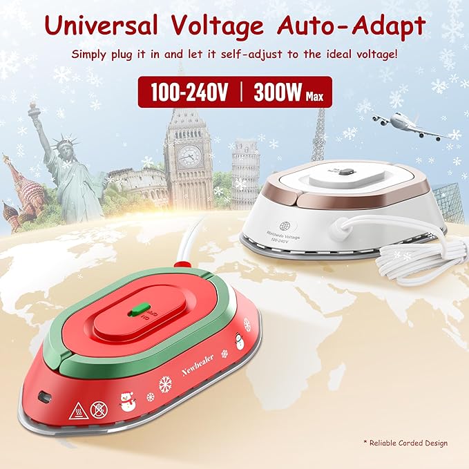 Newbealer Travel Iron with Global Voltage, Christmas Ready Gift, 100-240V Mini Dry Iron (No Steam), Max 300W, 60s Heat to 302℉, 0.8lbs, Festive Hard Case Included, Xmas Special Edition (Red)