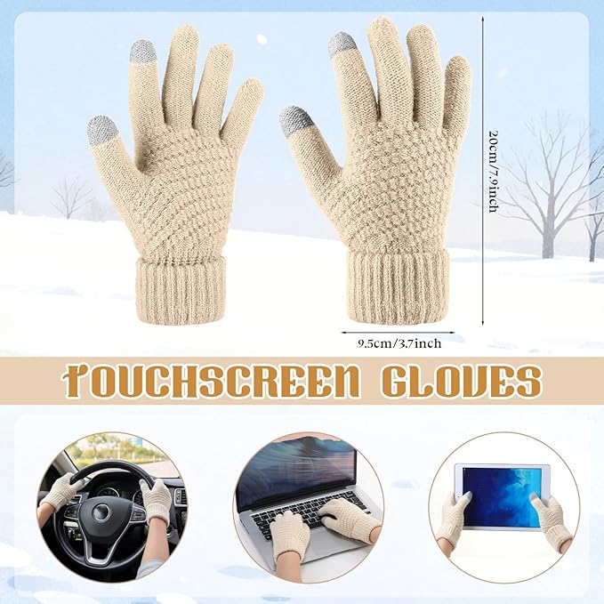 SATINIOR 5 Pcs Winter Beanie Hat Scarf Gloves Set Fleece Lined Knit Hat Warm Touch Screen Gloves Earmuff Warmer for Women(Beige,Fashion Style)