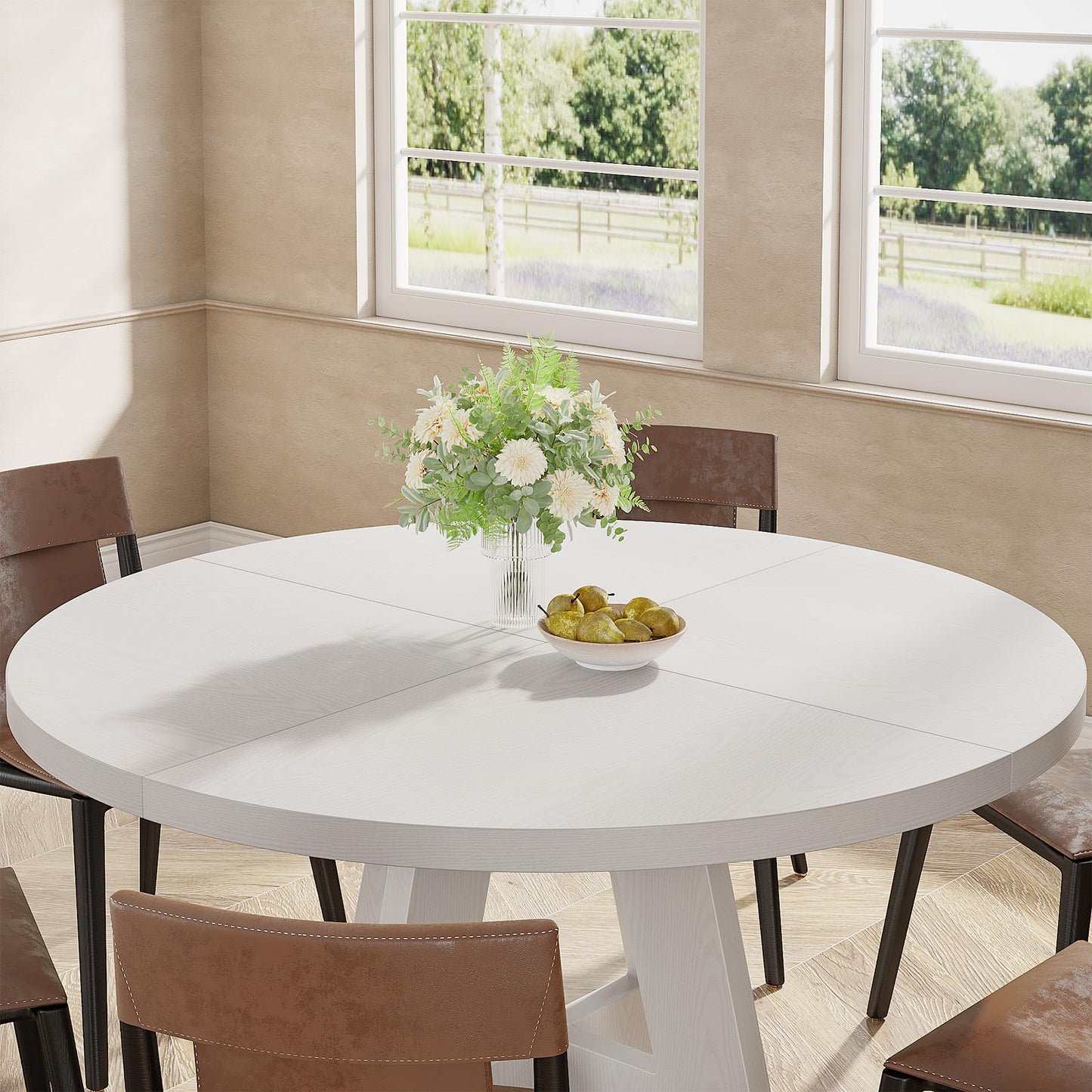 Tribesigns 47 inch Round Dining Table Wood Kitchen Table for Dining Room, 47" Dinner Room Tables for 4-6, Farmhouse Accent Furniture with Wooden Tabletop and Cross Base, White