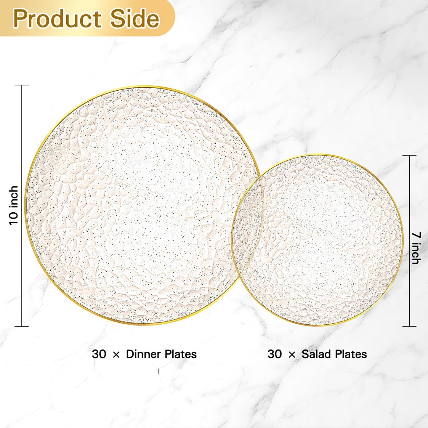 Rubtlamp 60Pcs Clear Gold Plastic Plates, Gold Glitter Disposable Plates, Hammered Plastic Plates Included 30 Dinner Plate And 30 Dessert Plate for Weddings Party Birthday