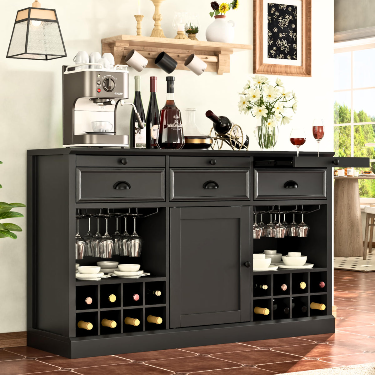 Loomie Wine Bar Cabinet with Pull-Out Trays & Drawers, Liquor Cabinet with Wine Rack & Stemware Holder, Coffee Bar Cabinet with Door & Adjustable Shelf, Kitchen Buffet Cabinet for Home Pub (Black)