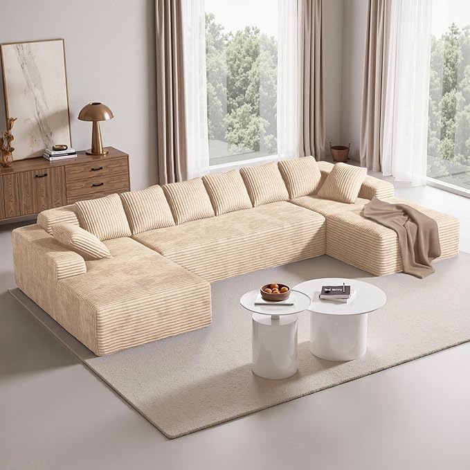 131'' U Shaped Sectional Couches with Chaise Lounge, No Assembly Required Deep Seat Modular Cloud Sofa for Living Room 1PCS, Bedroom(Khaki)