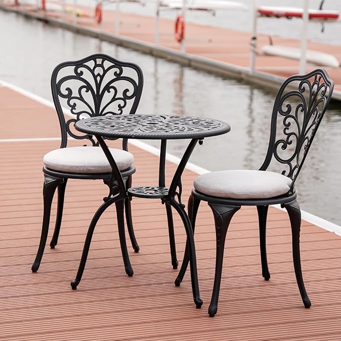 Withniture 3 Piece Bistro Patio Set Cast Aluminum Bistro Table and Chairs Set of 2 with Cushion,Outdoor Bistro Table Set with Umbrella Hole,Metal Patio Furniture Set for Garden,Black