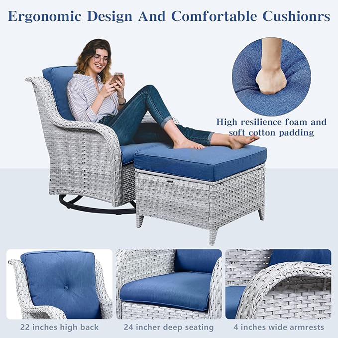 Belord 5 Piece Outdoor Patio Furniture Set - Patio Wicker Furniture Conversation Set, Outdoor Swivel Rocker Chairs with Loveseat Sofa and 2 Ottomans for Small Space, Blue Cushion
