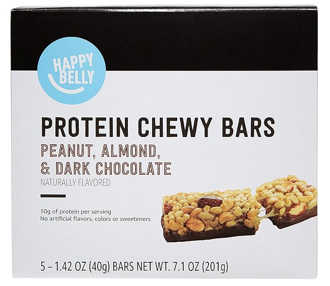 Amazon Brand - Happy Belly Protein Chewy Bars, Peanut, Almond & Dark Chocolate, 5 Count