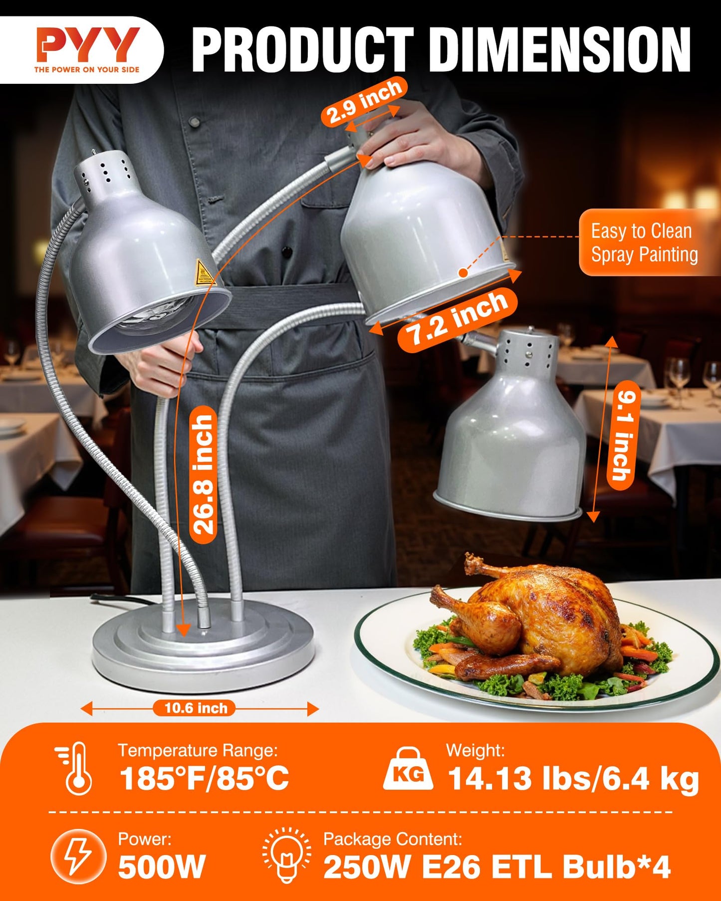 PYY Food Heat Lamp - 750W Steady Heating Commercial Food Warmer Lamp, 3 Bulbs Included, Heavy Base for Stability & Stainless Steel Build, 17.3 lbs Ideal for Catering, Restaurant, Buffet, (3-Head)