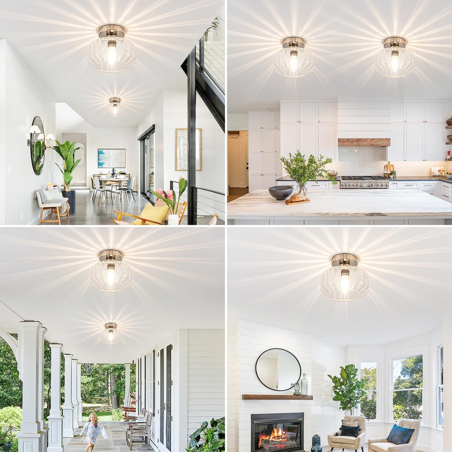 Tbaoinla Brushed Nickel Semi Flush Mount Ceiling Light Fixture with Textured Glass & Included 1200 Lumens LED Bulbs, Modern Hallway & Bathroom Light for Entryway, Kitchen, Laundry Room