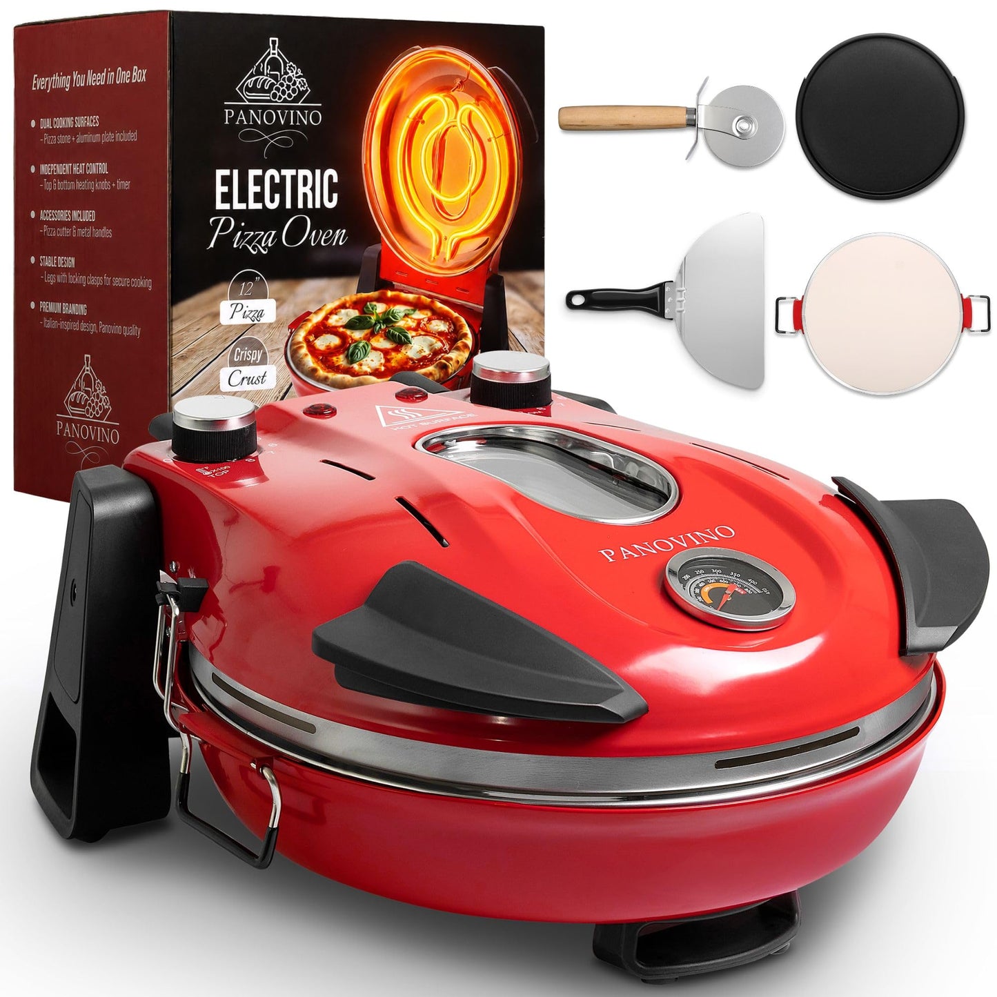 PANOVINO Electric Indoor Pizza Oven | 800°F Countertop Pizza Cooker with 12" Ceramic Stone and Dual Temp Controls | Perfect for Quick Cooking Homemade Pizzas | Compact Design for Kitchen Use, Red