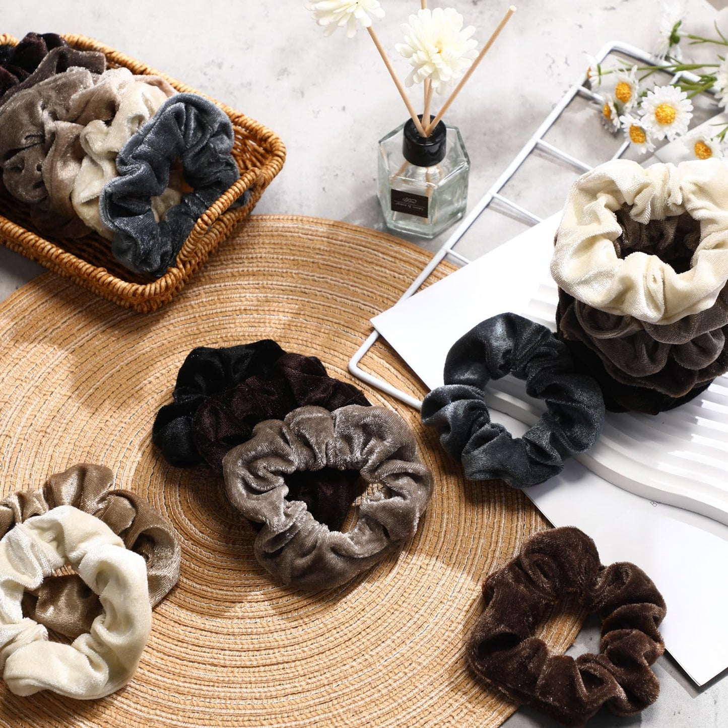 Bememo 28 Pieces Velvet Scrunchies - Soft Elastic Hair Ties, Scrunchy Bobbles, Ponytail Holders & Party Favors in Neutral Colors
