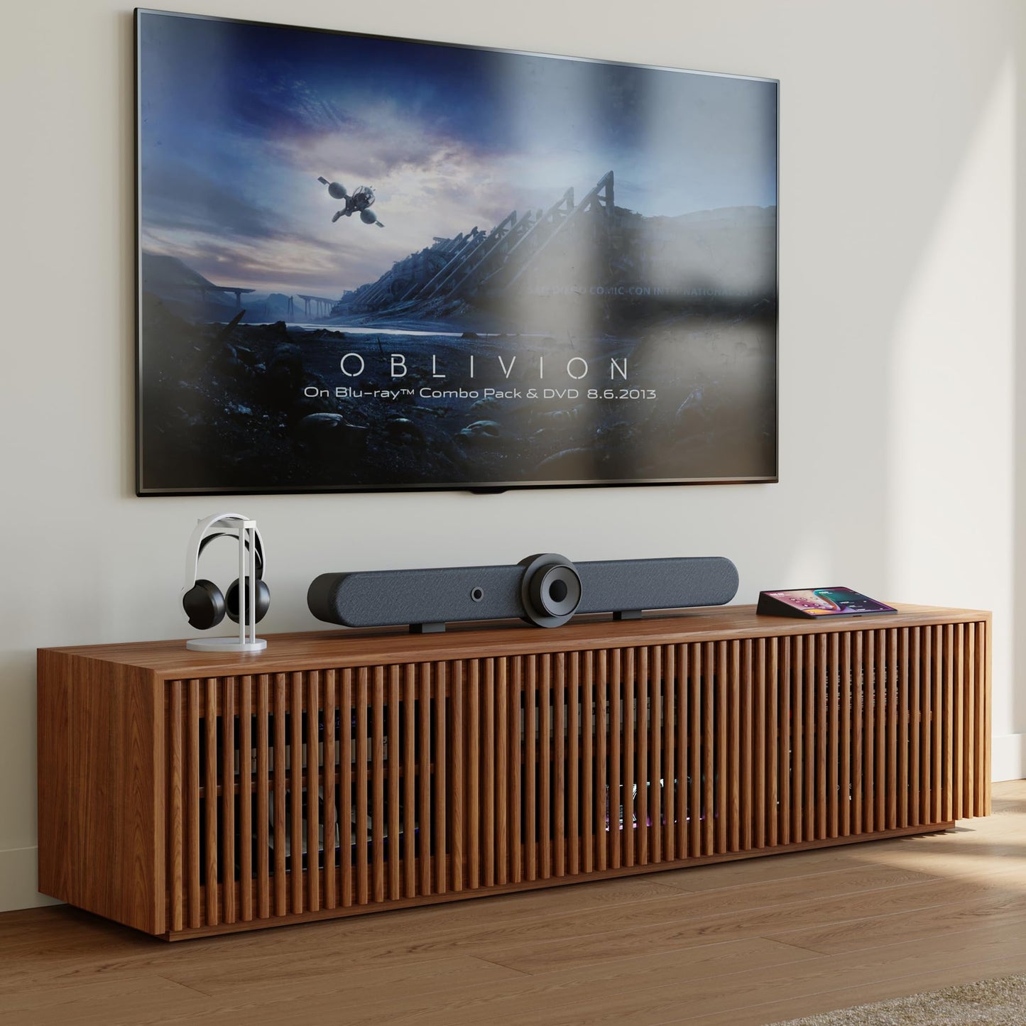 POVISON Full Assembled Mid Century Modern TV Stand, Wood Slatted Media Console for 65 inch TV, Entertainment Center with Storage for Living Room, Low Cabinet with Removable Shelves