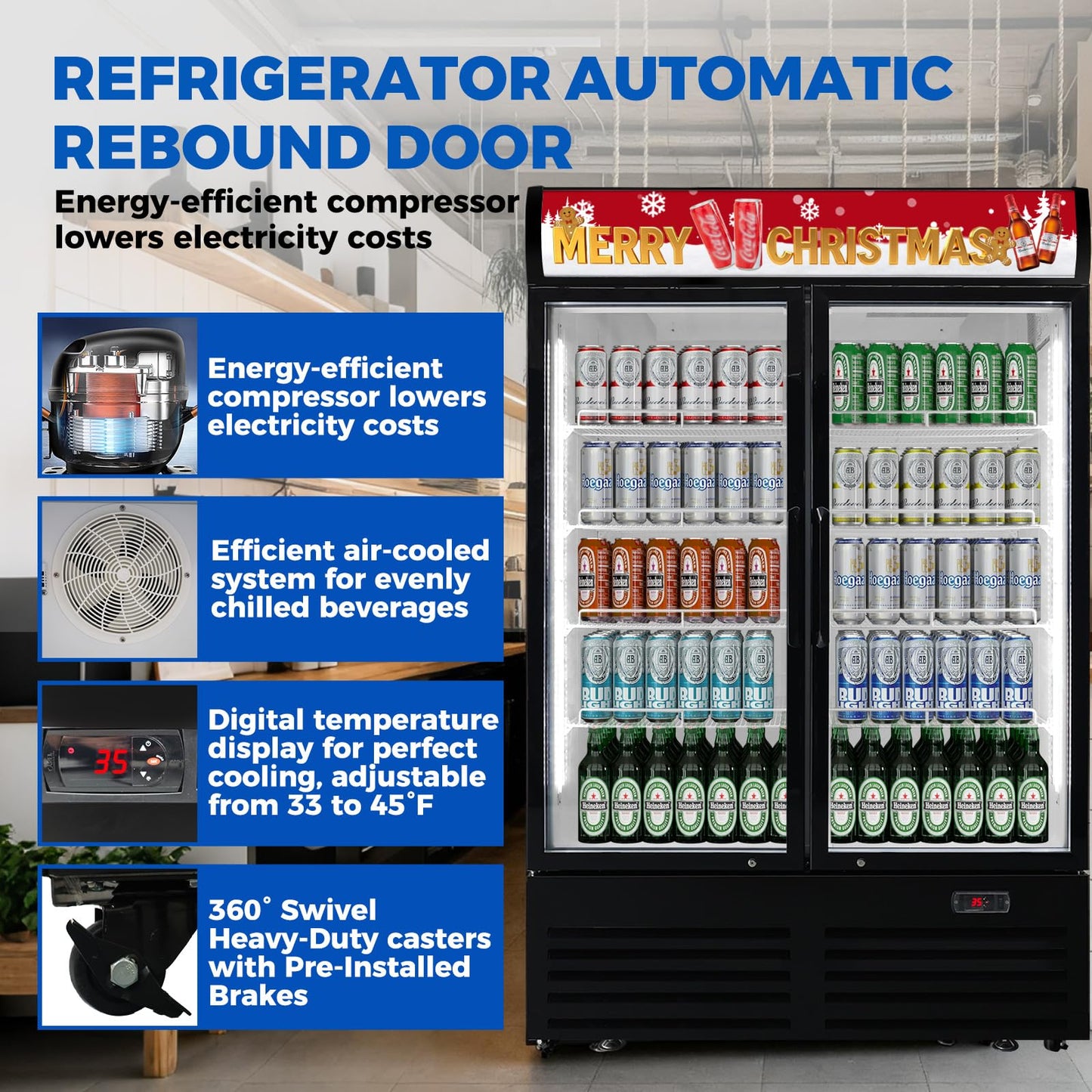 Bluelinecool 36 cu.ft Commercial Refrigerators with 2 Glass Door, Beverage Fridge with LED Light Display Upright Merchandiser, Drink Cooler with 8 Adjustable Shelves Black ETL Approved