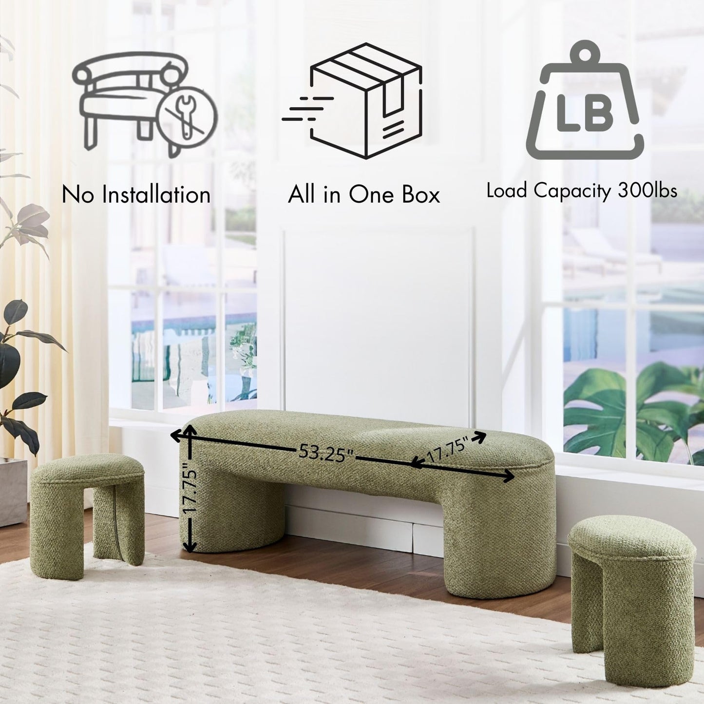 Hyfirm 3-Piece 53" Comfy Upholstered Dining Bench with 2 Ottomans, Accent Waterfall Bench Modern End of Bed Entryway Bench Vanity Stool, Green Chenille