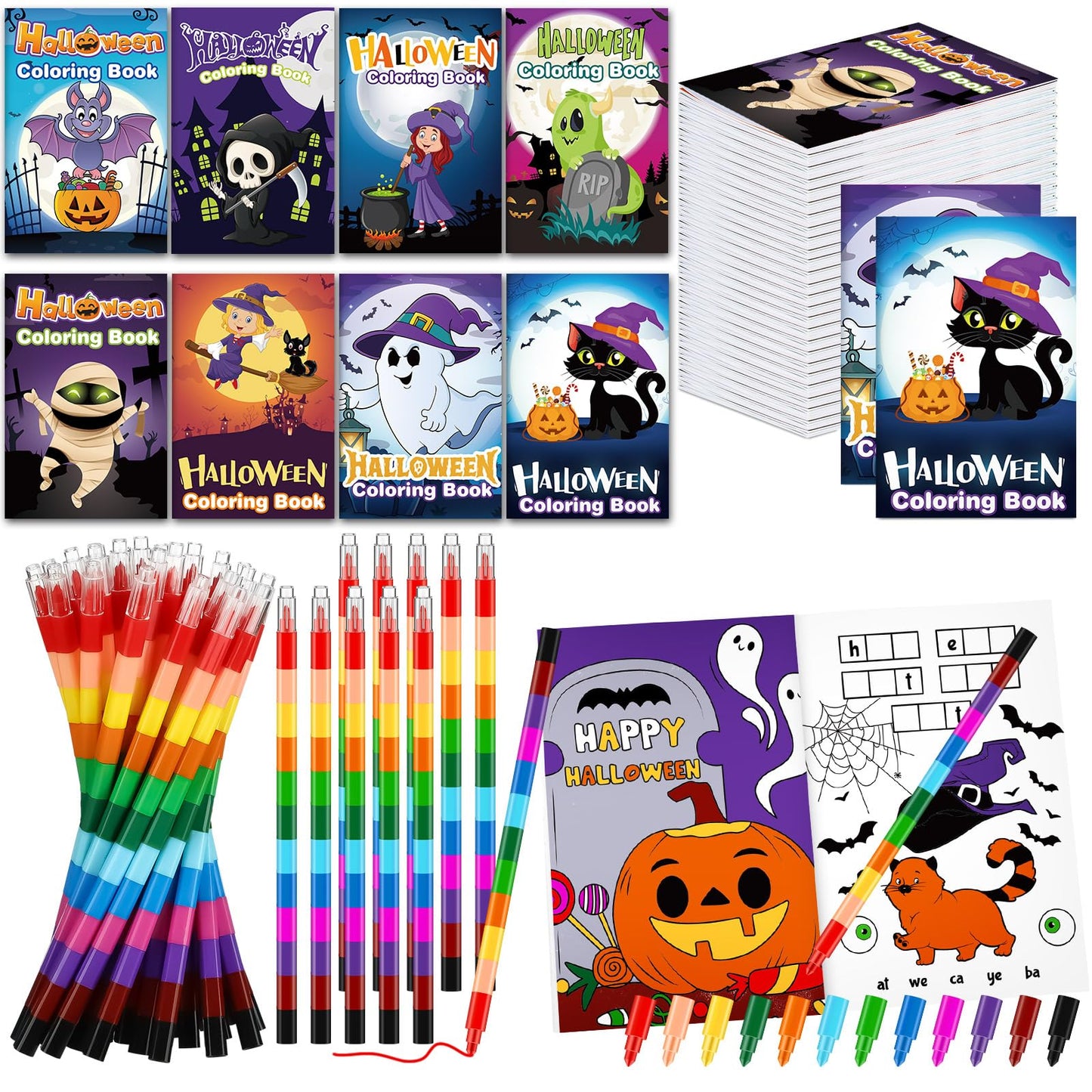 Fulmoon 144 Pcs Coloring Books with Crayons Include 72 Halloween Coloring Book 72 Stacking Crayons Mini Activity Books for Kids Party Favors Gifts Goodie Bags Stuffers School Classroom Travel