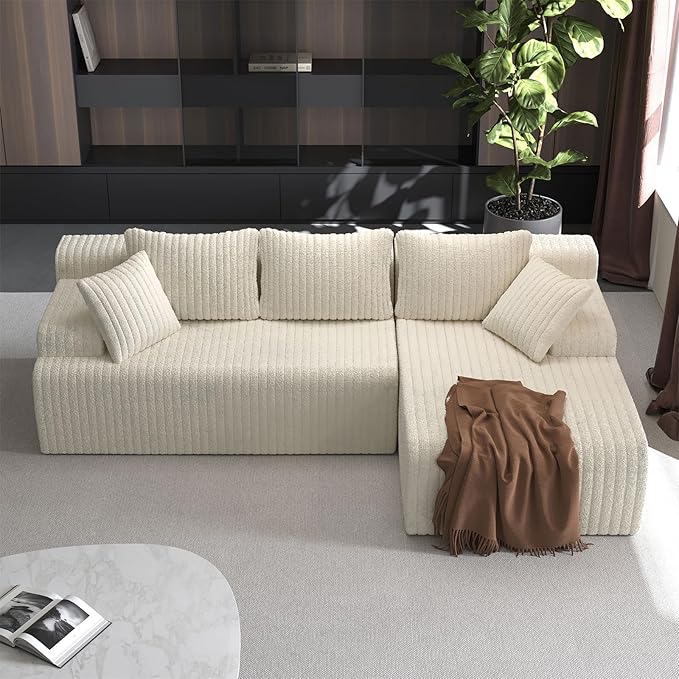 LAUSAINT HOME 96" Modular Sectional Sofa Couches, L-Shaped Boneless Cloud Sofa with 3 Deep Seat, 5 Cushiones Oversized Chaise for Living Room, Bedroom, Plush Corduroy Fabric (Right, Beige)