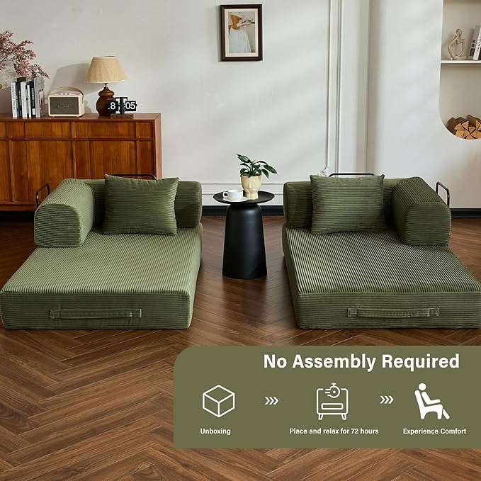 59" Folding Convertible Sofa Bed, Small 2-Seater Sofa Corduroy Futon Floor Couch with Pull-Out Sleeper, Boneless Loveseat for Small Spaces, Home Office, Apartment-Friendly (Light Green)