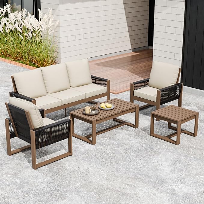 INTER HUT Rustic Hideaway Natural Cedar Wood Outdoor Furniture Set, Wicker Patio Conversation Set for Porch Garden Backyard, Couch, Patio Chairs, Tables, 5 Piece, Brownish/Beige